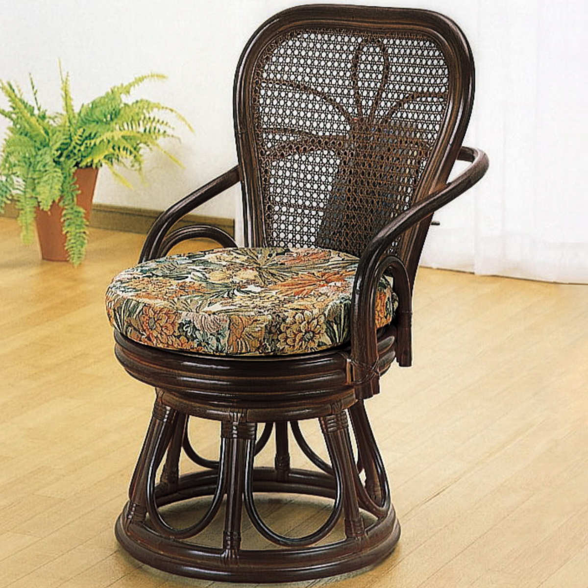 籐 回転スツール ハイバック 背面マガジンラック付 座面高37cm 回転式 背もたれ付き 肘付き 肘掛 イス チェア 座いす アジアン 収納 籐家具 花柄 和モダン ラタン リラックスチェア