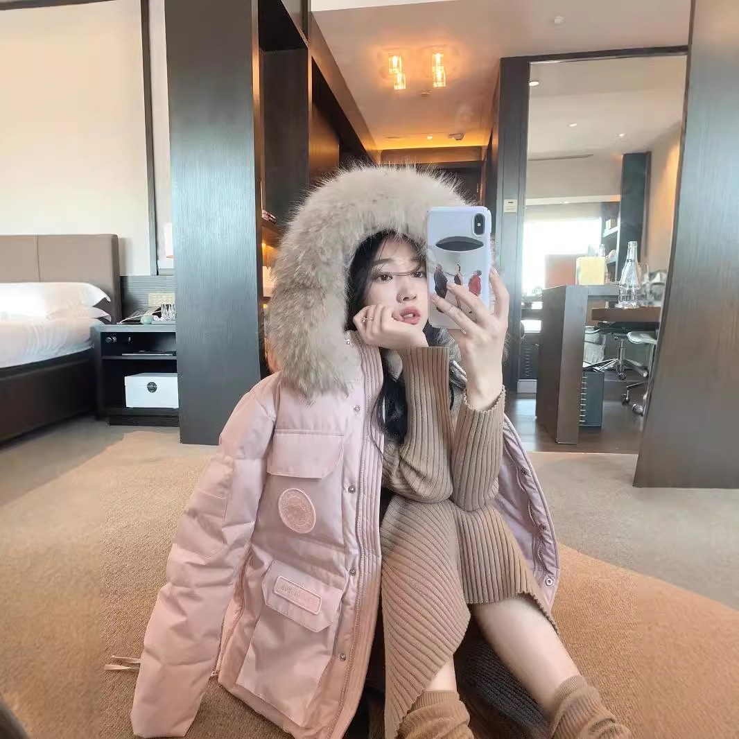 2024 冬の新フード付き大型毛皮の襟作業服パーカーダウンジャケット女性のミッドレングス 90 ホワイトダックダウンルーズジャケット