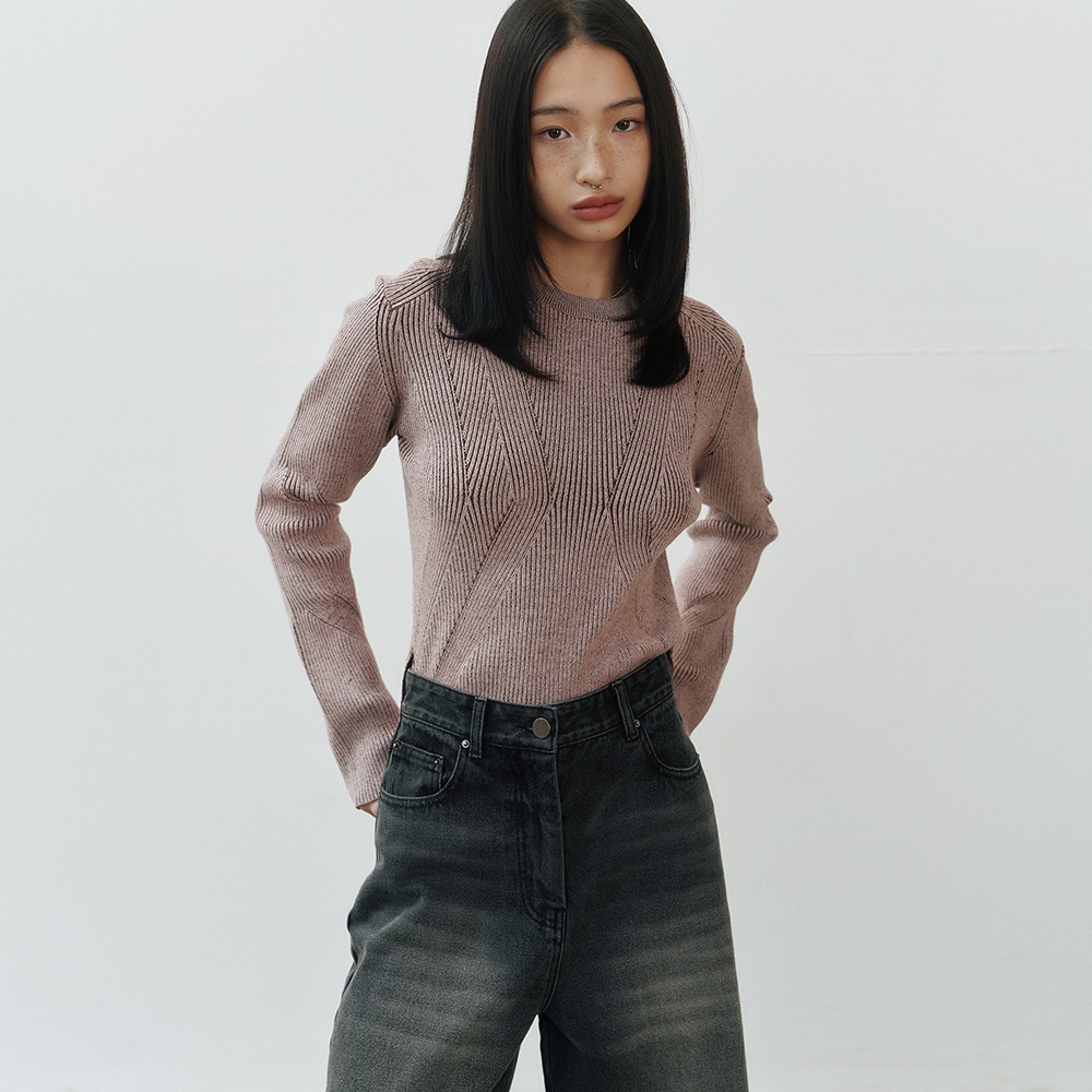 【NOIER 】 TWO-TONE LIBED SLIM FIT KNIT : PINKBROWN