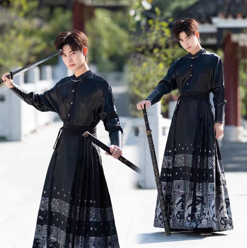 男性用ハロウィン漢服チャイナ服2点セット3点セット メンズコスプレ衣装ダンス衣装セットアップ馬顔スカート古典ダンスウェア中華風コスプレ衣装トップスとスカート学園祭 文化祭コスプレ衣裳パーティー用cos
