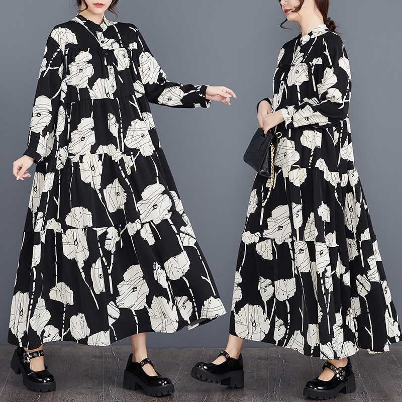 「ファットガール」 2024春夏ビッグサイズルーズ黒と白のビッグフラワープリント長袖ドレス30%までに制限