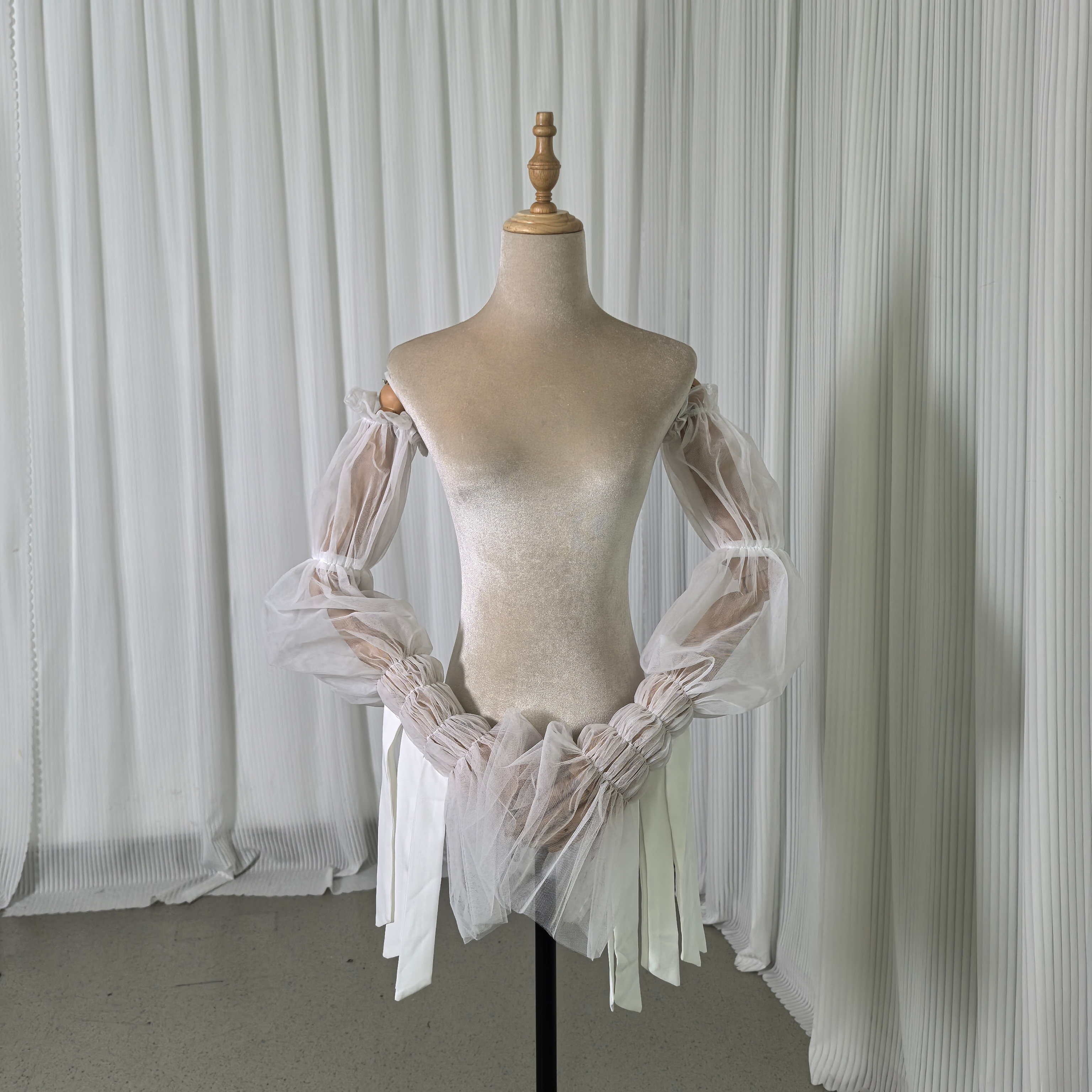 ロングスリーブ 取り外し袖 ストレッチ 長袖 ソフトチュール 可愛い オフホワイト