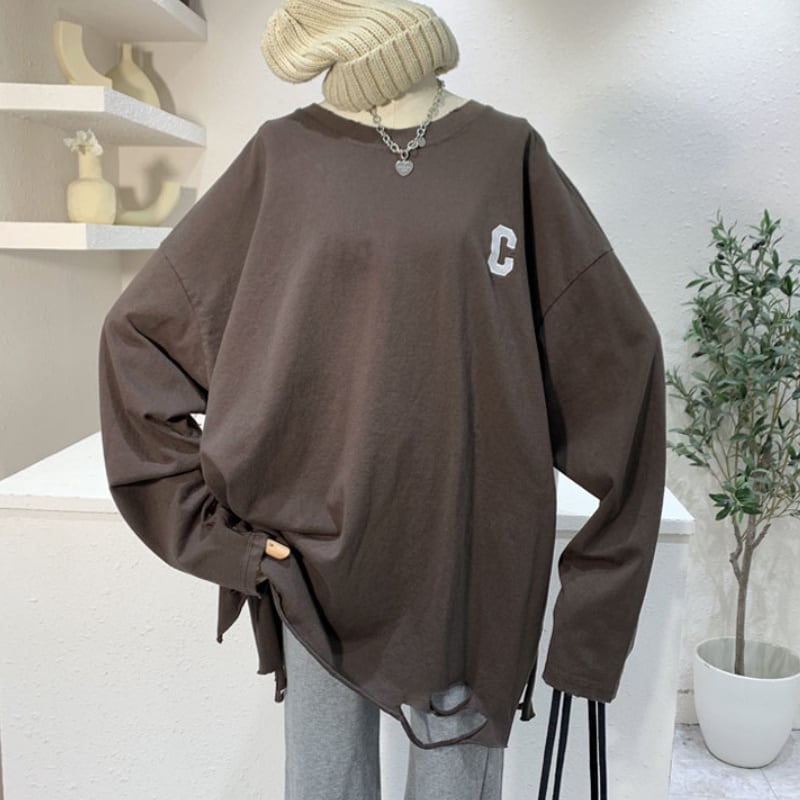 7color レディース トップス 長袖 ダメージ ブラウン ネイビー ベージュ グレー グリーン