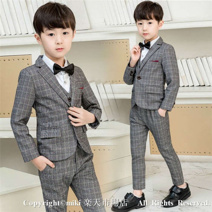 【ワイシャツ 蝶ネクタイおまけ! 5点セット フォーマルスーツ 男の子 キッズ 子供 ベスト タキシード チェック柄 ジュニア 入学式 入園式 卒業式 七五三 結婚式 発表会 誕生日 お食い初め お宮
