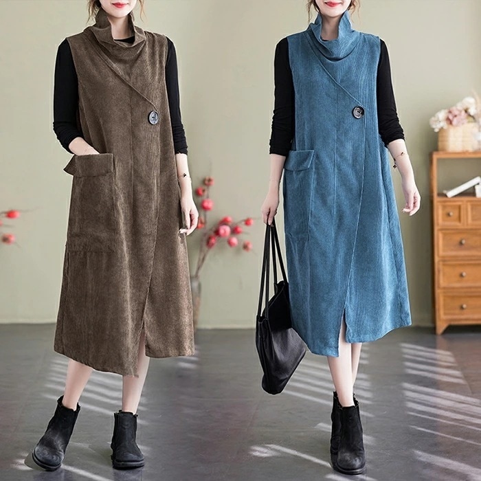 ジャンパースカート レディース 秋冬 スタンドカラー ロングワンピース 大きいサイズ ノースリーブ ジャンスカ ミモレ丈 ベストワンピース レイヤード 重ね着 ゆったり カジュアル ワンピース お洒