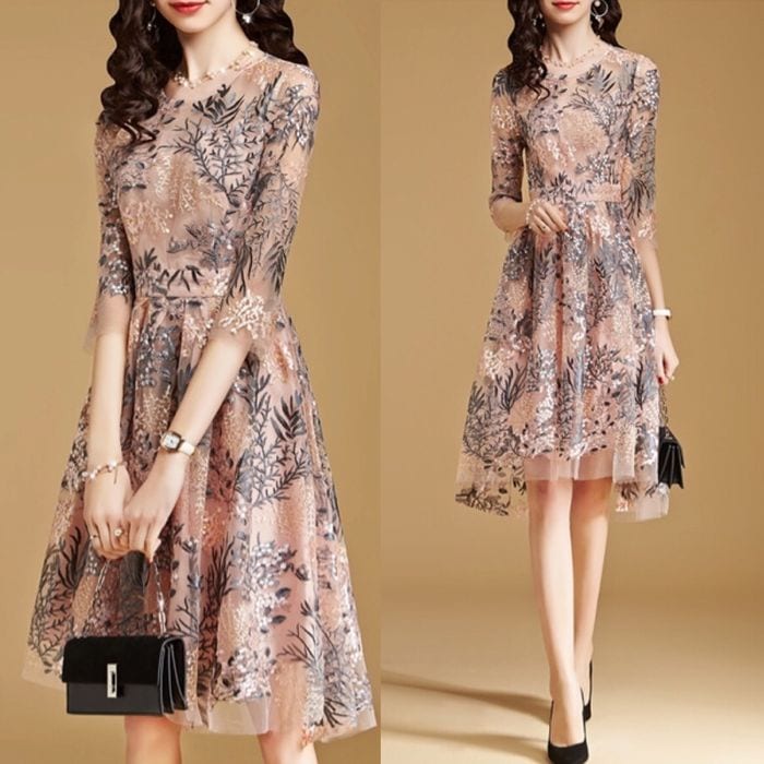 パーティードレス 韓国 ドレス 個性的 ワンピース プチプラ ロマンティック 刺繍 フラワーレース エアリー ボタニカル エレガント 二次会 デート ピンク シフォン素材 レイヤード フォーマル 膝丈