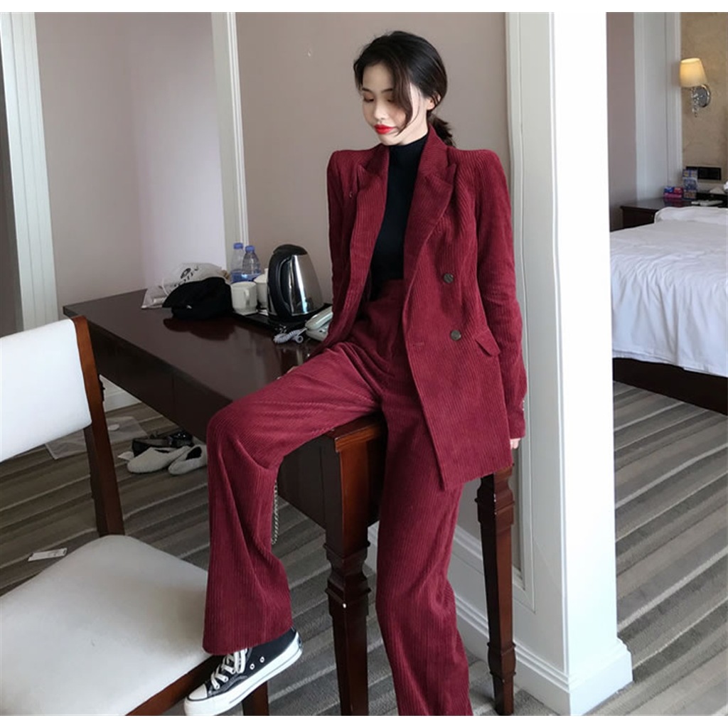 ワインレッド色 レトロ コーデュロイパンツスーツ ジャケット ボトムス セットアップ スーツ ストレートパンツ ロング丈 袖あり 長袖 ハイウエスト コーデュロイ 大人可愛い きれいめ シンプル 上品