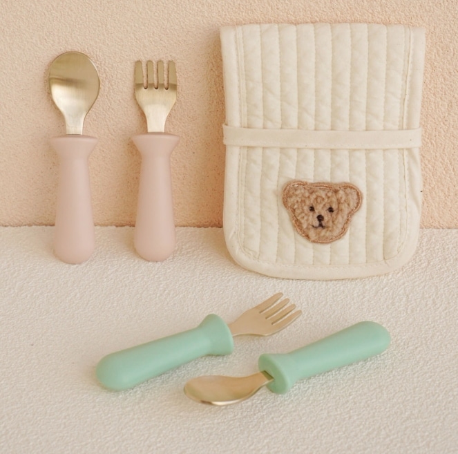 韓国伝統手工芸品 バンジャユギ ミニトントン ベビースプーン＆フォーク ポーチセット