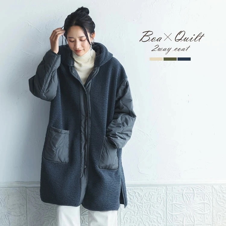 キルト ボア フード付き コート レディース 冬 キルティング キルトボア 中綿 ゆったり 異素材 ビッグシルエット もこもこ 大きいサイズ 冬服 アウター 秋冬 キルティング コート ボアコート フ