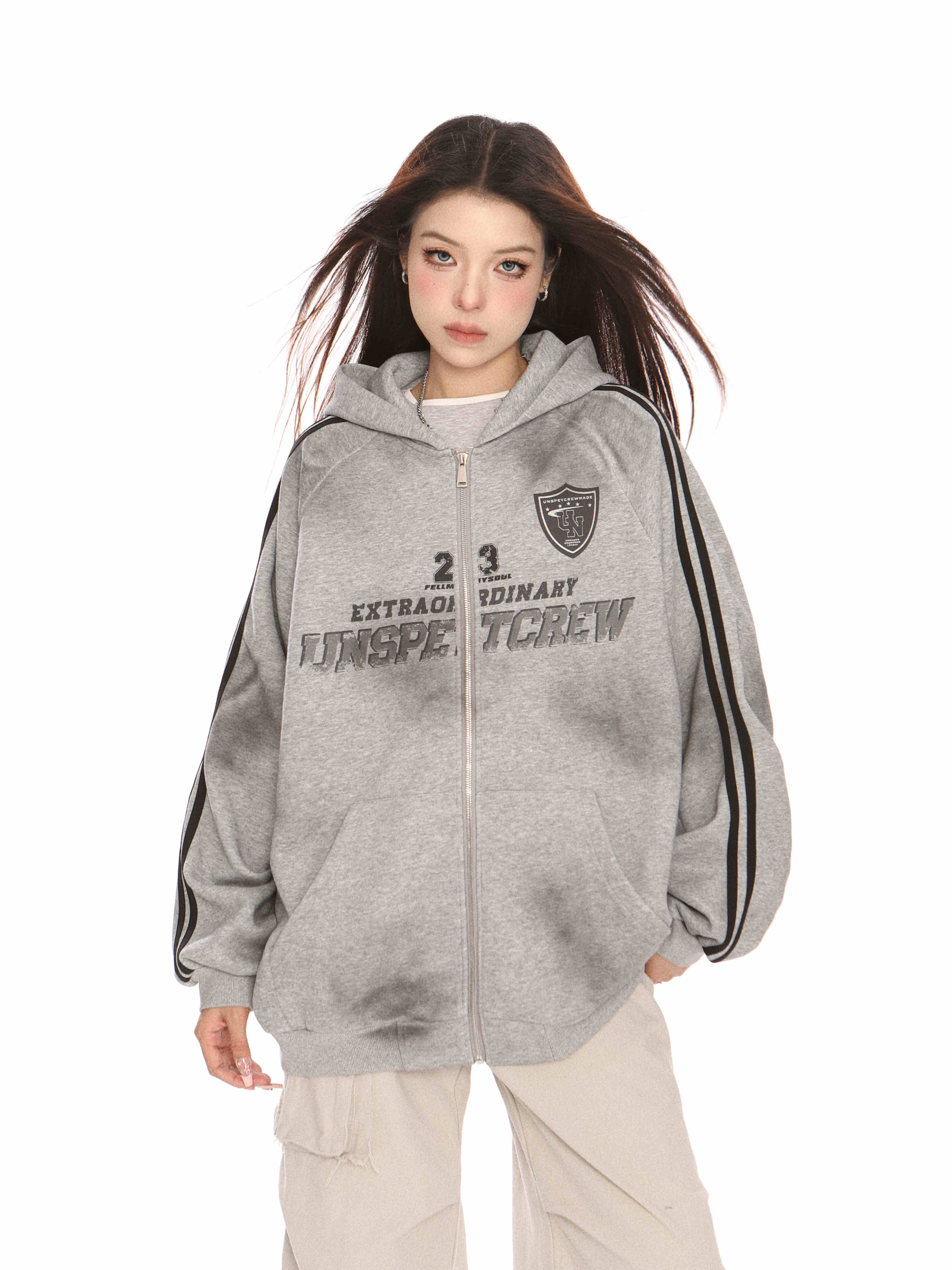 25トップス パーカー フード付き チャック長袖 ストライプ ゆったり カジュアル 細見えおしゃれ かわいいシルエットサイズ学生 通勤韓国ファッションサイドレディース大人お出かけフルトラック