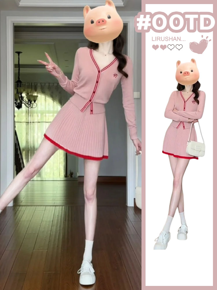 小さなスーツピンクニットワンピース秋婦人服2024新作高級服ショートスカート秋冬