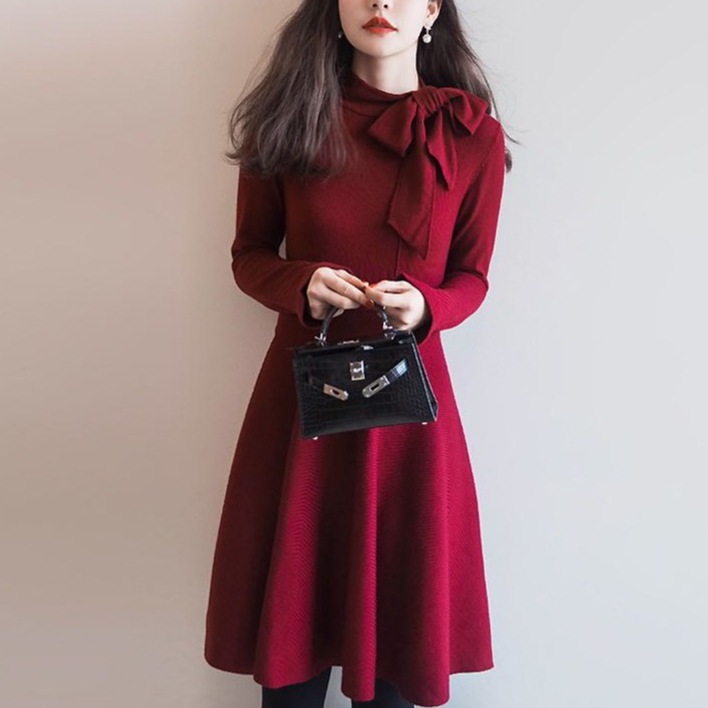 ワンピース ワンピドレス 膝丈 ひざ丈 袖あり 長袖 スタンドカラー フレア Aライン リボン コンサバ 大人可愛い きれいめ シンプル おしゃれ お洒落 レトロ ヴィンテージ こなれ感 ラフ