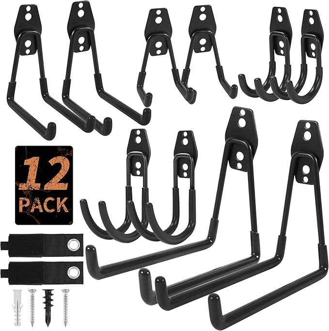 ガレージフック 12個パック ガレージフック 高耐久 ガレージ整理 ツール用 壁取り付けガレージ収納フック 延長