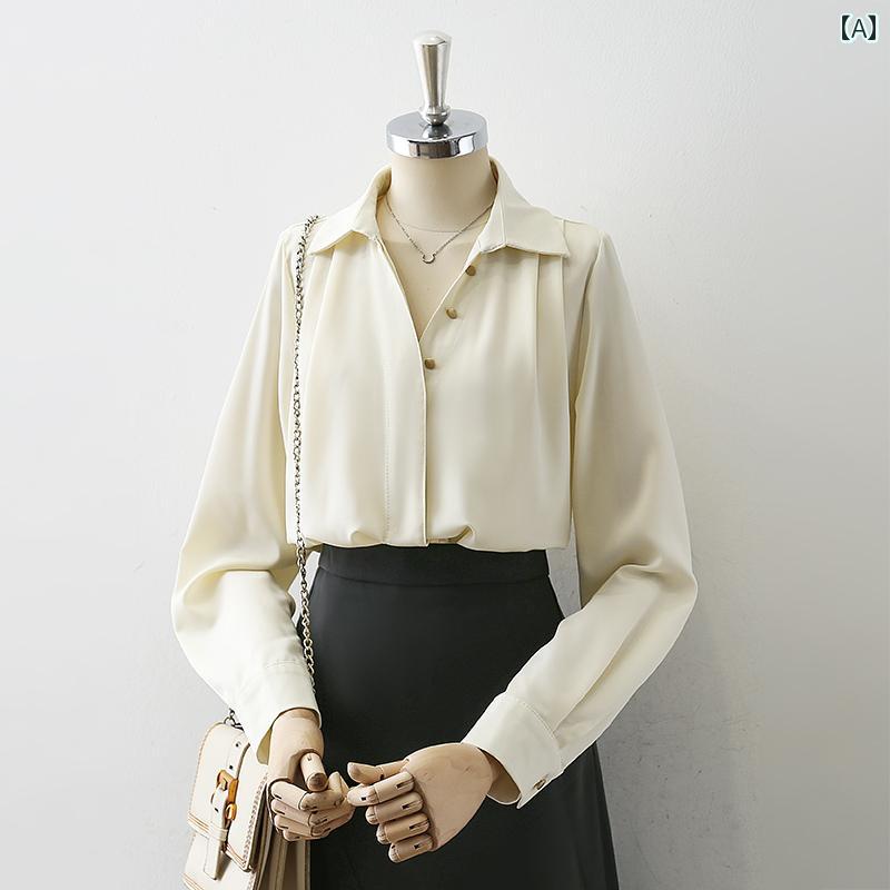 レディース シャツ ブラウス 長袖 グレー アプリコット アセテートサテン風 春秋 トップス シャツ襟 開襟 おしゃれボタン装飾 シングルブレスト シルキー スタイリッシュ エレガント