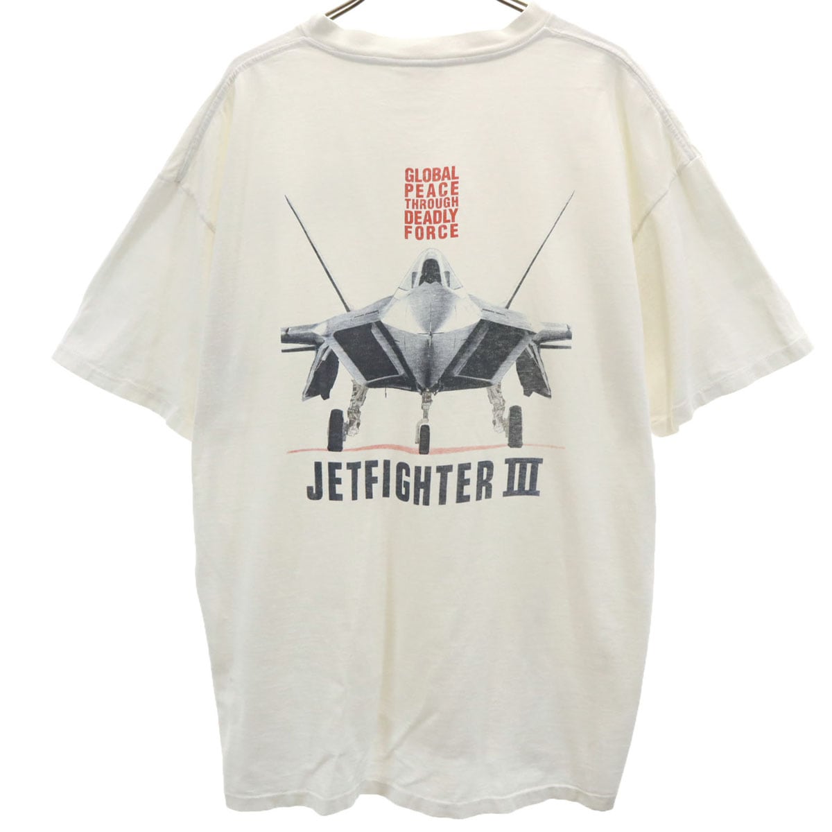 POWER PRO by ONEITA パワープロバイオニータ 90s オールド バックプリント JETFIGHTER3 半袖 Tシャツ XL ホワイト シングルステッチ メンズ 古着