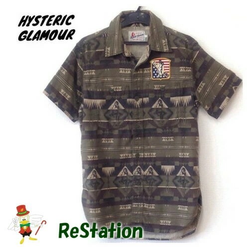 【中古】ヒステリックグラマー HYSTERIC GLAMOUR 半袖 シャツ ロゴワッペン カーキ メンズ サイズS