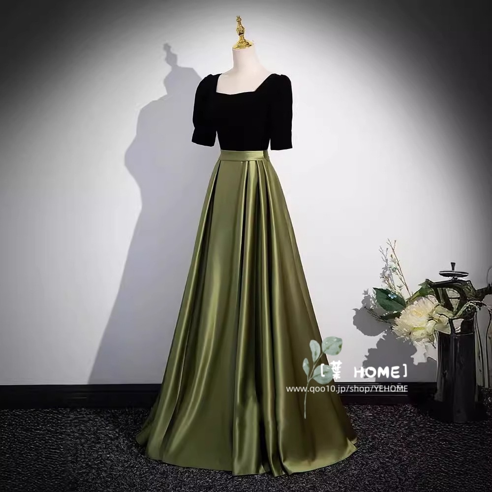 [葉 HOME] 韓国ファッション スクエアネックのドレス ウェディングドレス パーティードレス 花嫁ロングドレス 半袖 結婚式 二次会 エレガント お呼ばれ 挙式 簡約 姫系発表会
