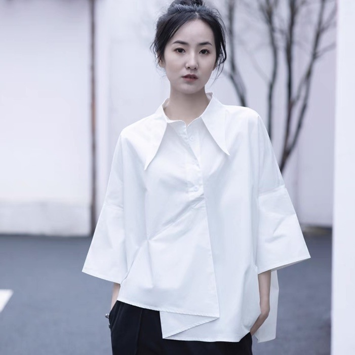 トップス シャツ ブラウス レディース アシンメトリー 7分袖 角襟 オーバーサイズ フェミニン ストリート 前開き きれいめ カジュアル おしゃれ かっこいい こなれ感 ラフ ルーズ 個性的
