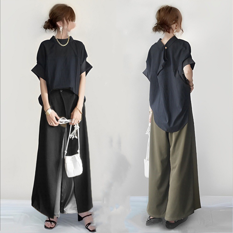 【韓国の人気爆発】 シンプル 無地 ラウンドネック Ｔシャツ パンツ 切り替え 配色 2点セット