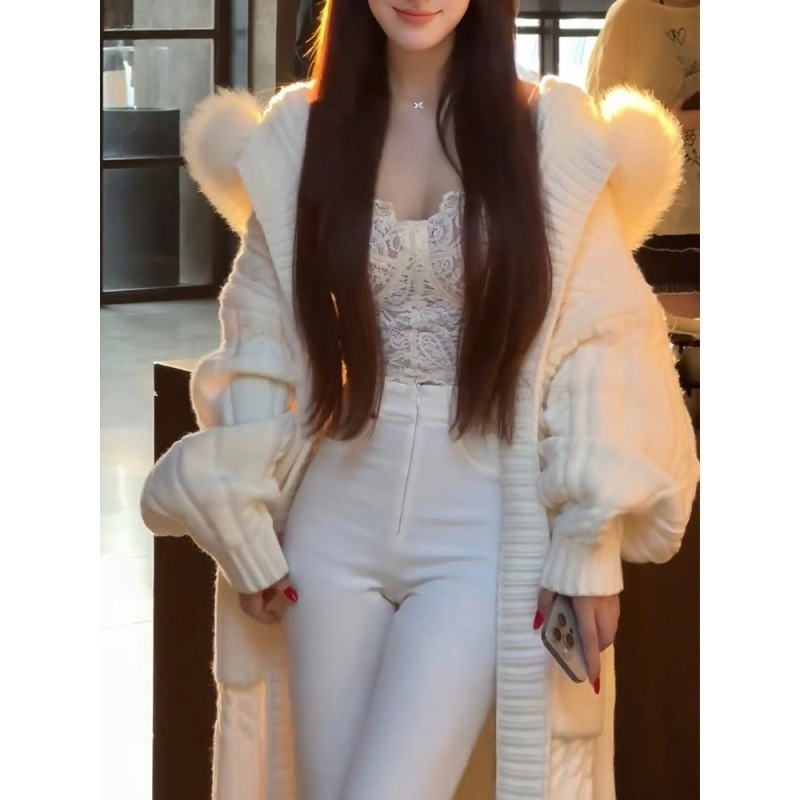 フレンチジェントルスタイル切りっぱなしステッチのフード付きカーディガンジャケットレディースゆったりと着られる万能ミドル丈ニットトップス