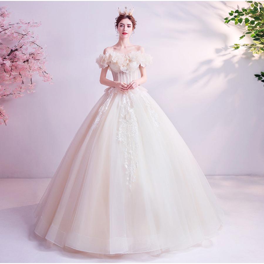 プリンセスラインドレス 結婚式 二次会 ウエディングドレス オフショルダー ウェデイングドレス 海外挙式 花嫁 披露宴 ブライダル 編み上げ 上品 オフホワイト