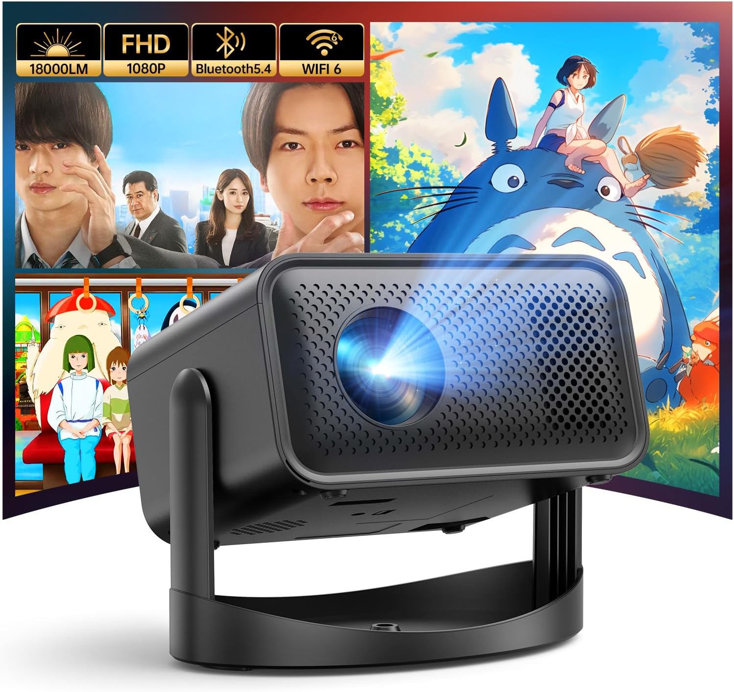 プロジェクター 家庭用 Bluetooth5.4 WIFI6 360回転 18000LM 1080P 4K対応 天井投影可能 ホームプロジェクター ホームシアター APJ-143