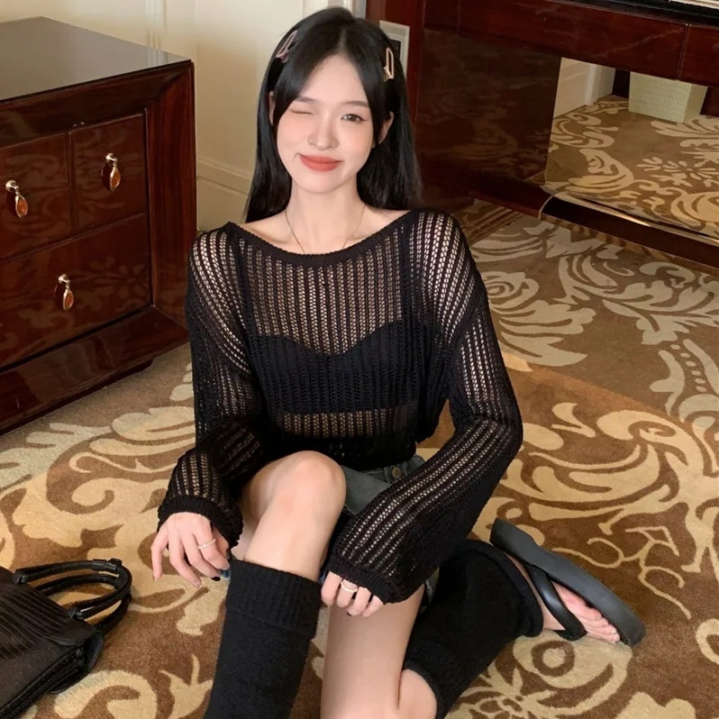 トップス セーター サマーセーター 長袖 ボリューム袖 ショート丈 メッシュ かわいい 大人可愛い きれいめ シンプル 上品 おしゃれ かっこいい カジュアル こなれ感 個性的 ルーズ 主役級 存在感