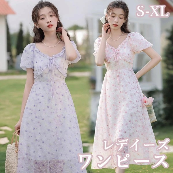 ワンピース 半袖 花柄 夏ワンピ 可愛い ゆったり ロング丈 Vネック リボン セクシー 夏ワンピース 夏 リゾートワンピ 旅行 海 海辺 バカンス デート お出かけ フランス風 森ガール ピンク パ