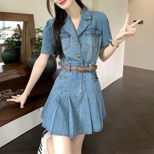 【即納】店舗お勧め!パーティードレス ドレス 愛されドッキングワンピース ワンピース レディース ゴールドボタン ボックスプリーツ デニムワンピース デニムワンピ ミニ丈 半袖 ポロカラー おしゃれ