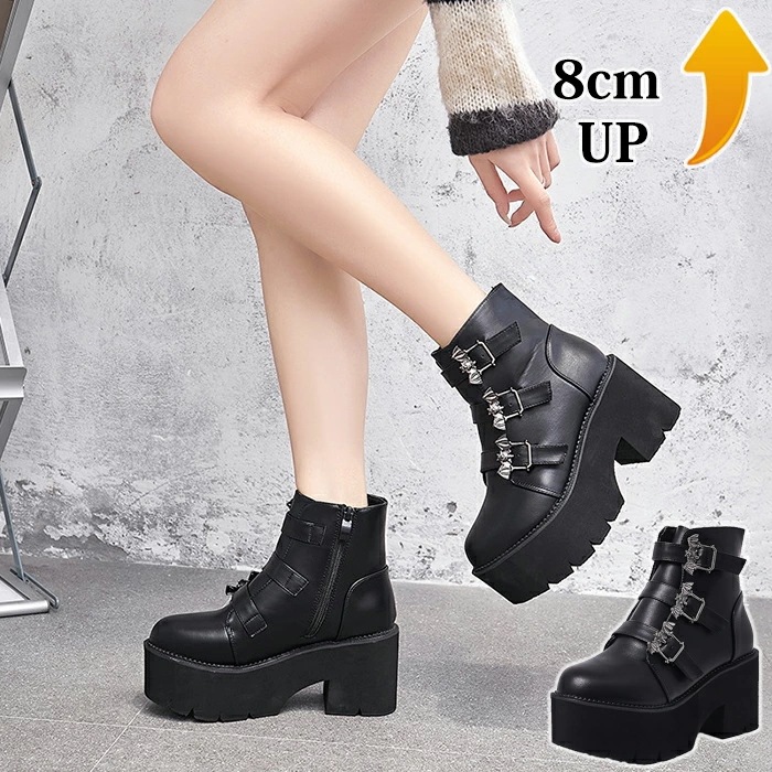 厚底ブーツ レディース ショートブーツ ハイヒール 黒 ハロウイン バット 地雷系 コスプレシューズ 袴ブーツ 太ヒール ベルト飾り 原宿系 厚底ショートブーツ スーパーヒール ゴスロリ パンク ショ
