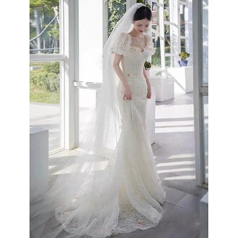 森系 ウェディングドレスロング花嫁ドレスウエディングドレスホワイトげウエディングパーティトレーンタイプ 結婚式 披露宴 演奏会 二次会 人気