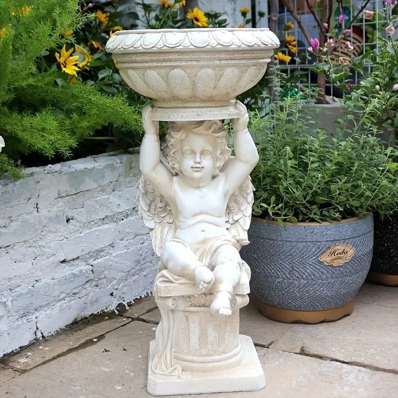 エンジェルプランター ガーデンオーナメント 天使 西洋 レジン製 ホワイト エンジェル エレガント お洒落 ロココ調 自立式 屋外装飾用 4-7
