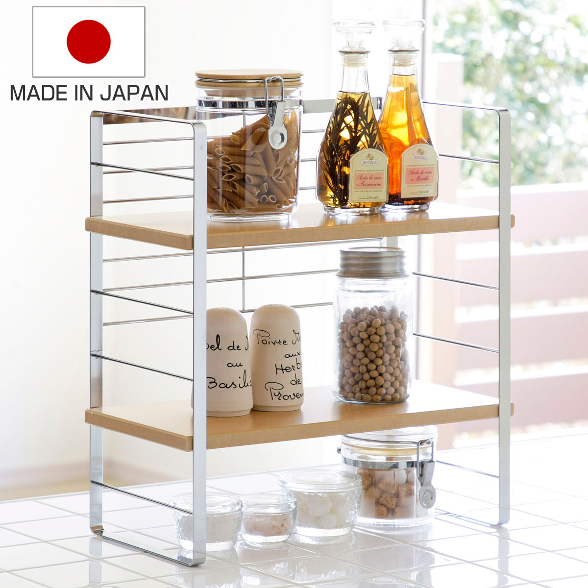 調味料ラック 幅40cm 木棚 出窓シェルフ スパイスラック キッチンラック 調味料棚 調味料収納 調味料スタンド 収納棚 オープンラック 収納ラック キッチン収納 可動棚 カウンター上