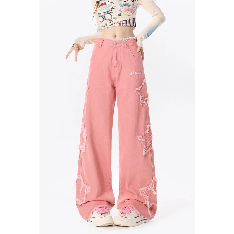 ピンクの星の毛の縁のジーパンの女性の秋の太ったmmはやせている広脚の狭い版のまっすぐな筒のドーパミンのズボンを現します