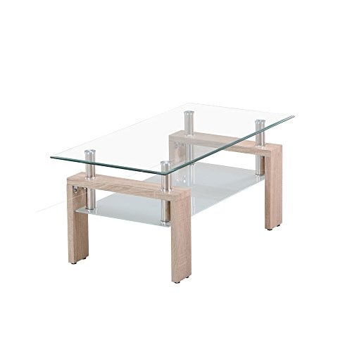 (OSJ)ガラステーブル コーヒーテーブル 幅88cm 強化ガラス天板 (クリア天板*木目脚)テーブル