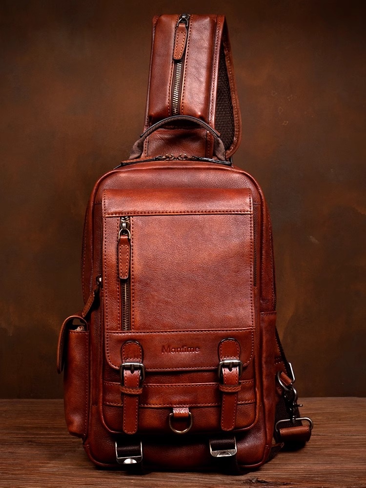 復古復古の手革胸バッグ男性カジュアルショルダーバッグ頭層植なめし牛革単肩バッグ通勤バックパック 10,070円