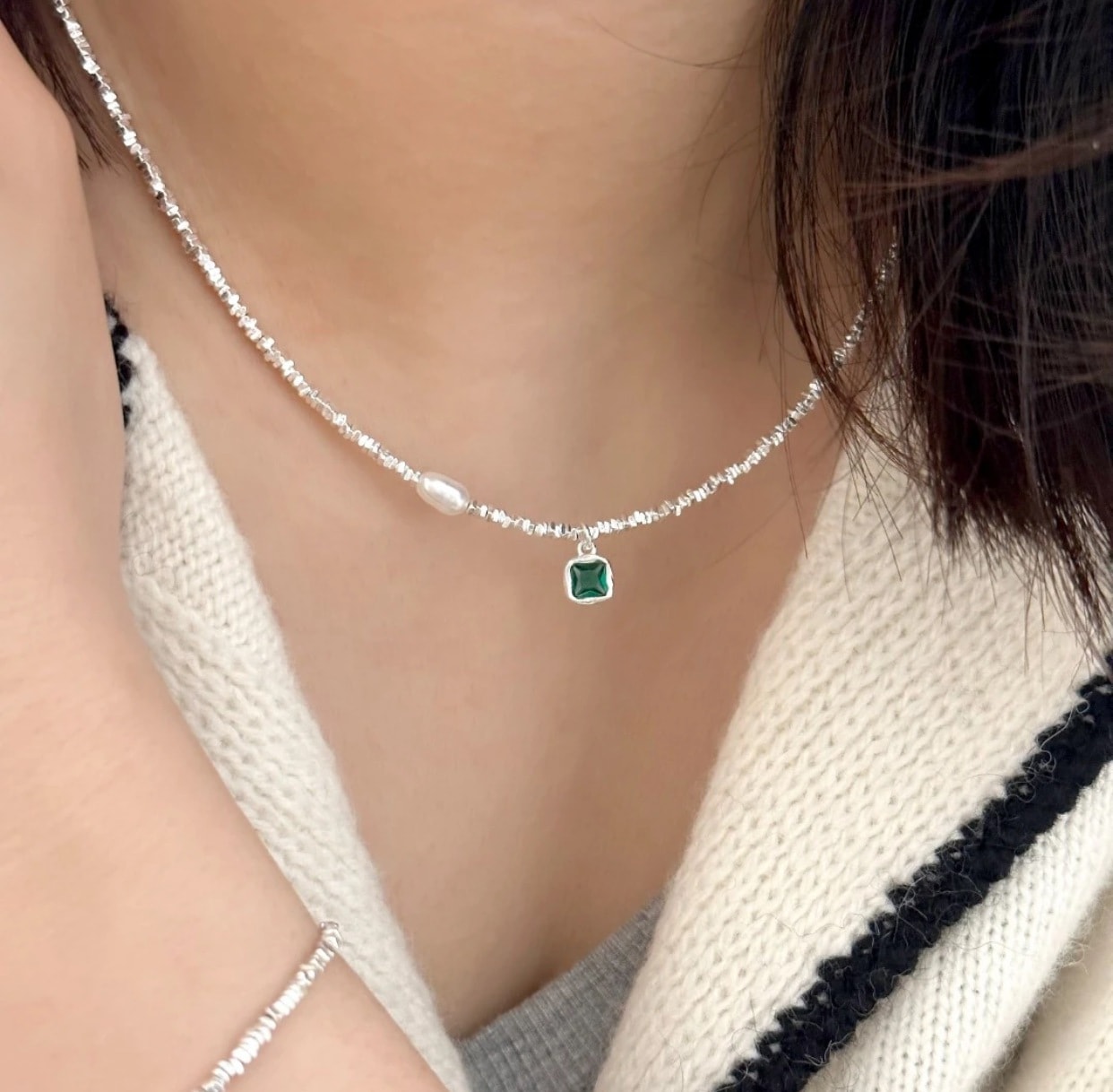 silver シンプル レトロ グリーン 調節可能 百掛け ネックレス 金属アレルギー対応 錆びない