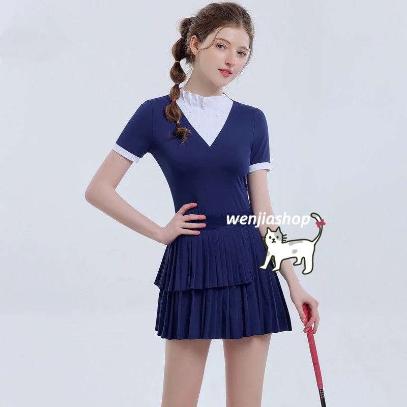 ゴルフウェア レディース スポーツウェア ゴルフスカート 半袖 Tシャツ ポロシャツ スカート 上下セット ネイビー 速乾 春 夏 大きいサイズ 韓国風 INS おしゃれ