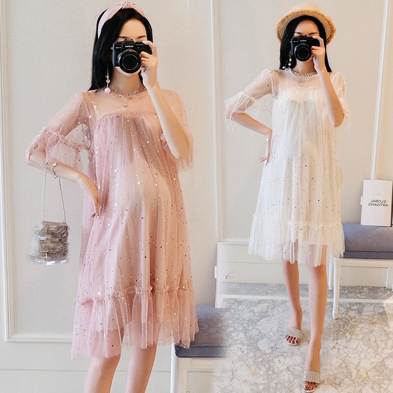 マタニティ ワンピース ドレス シースルー 透け感 半袖 キラキラ スパンコール レース チュールレース フリル パーティー お呼ばれ 結婚式 レディース 可愛い ママコーデ