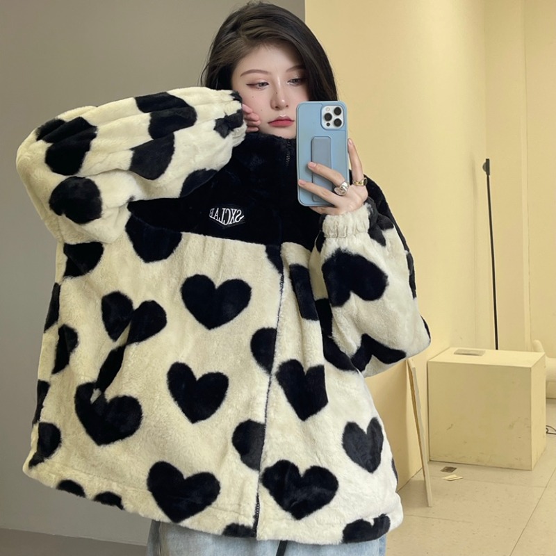 ハート柄 フリースジャケット フェイクファージャンパー ジャケット コート フリース レディース フ