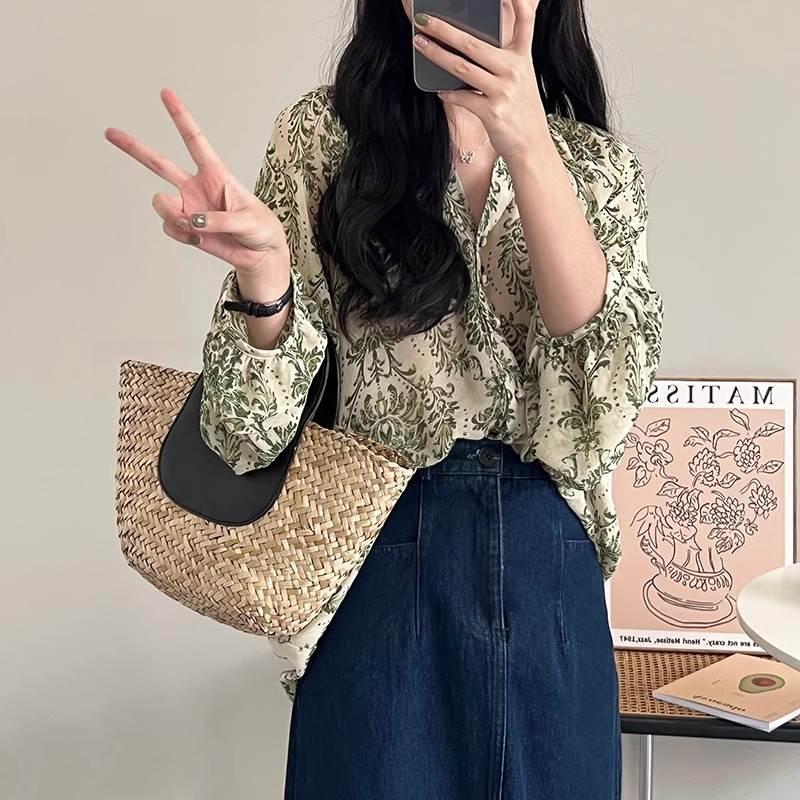 トップス シャツ ブラウス レディース 長袖 ボリューム袖 Vネック 透け感 シースルー アメカジ かわいい 大人可愛い カジュアル おしゃれ レトロ アジアン エスニック エキゾチック こなれ感 抜