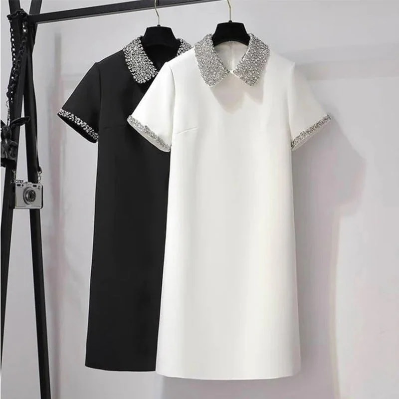 翌日出荷 レディース ワンピース シャツワンピ半袖 膝上丈 ミニスカートミニ丈襟付きワンピースビジューワンピース