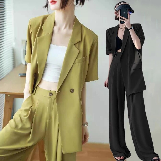 新品セールカジュアルスーツ パンツスーツ 可愛い 体型カバー セレモニースーツ キャリア スーツ 夏 レディース セットアップ 2点セット ジャケット+パンツ 短袖 ワイドパンツ リクルートスーツ オ