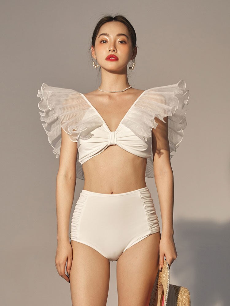 フリルとオープンバックのセクシーなツーピース水着,無地,Vネック,ハイウエスト,ビーチウェア,新しい