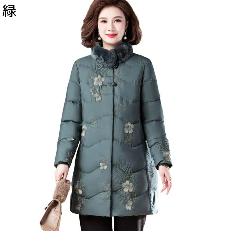 レディースアウタージャケット レディース アヒル羽毛 ファー付き ロングコート 花 花柄 刺繍 ダウンジャケット 長袖 厚い ダウン ダウン入り 撥水 耐洗 ファッション 用 会社 日常 秋用 冬用