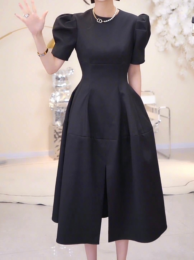 フレンチ パフスリーブワンピース ブラックワンピース パフスリーブ. 半袖ワンピース ドレス ワンピース スリット お呼ばれコーデ パーティー エレガント. C149