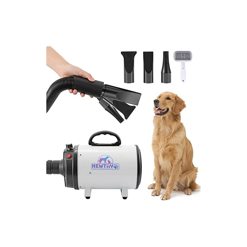 NEWTRY ペットドライヤー 犬用 ペット用 ドライヤー ブロワー 送風機 無段階速度制御 3つのノズル付き ブラシ付き 風速温度調整可能 大風量 騒音低減 110V/700-2000W(白)
