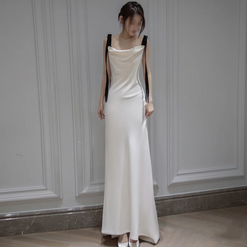 ドレス ワンピース イブニングドレス ロングドレス ロングワンピース 袖なし 肩リボン フィッシュテール セミフレア ロング丈 ステージドレス 発表会 かわいい 大人可愛い きれいめ シンプル 上品