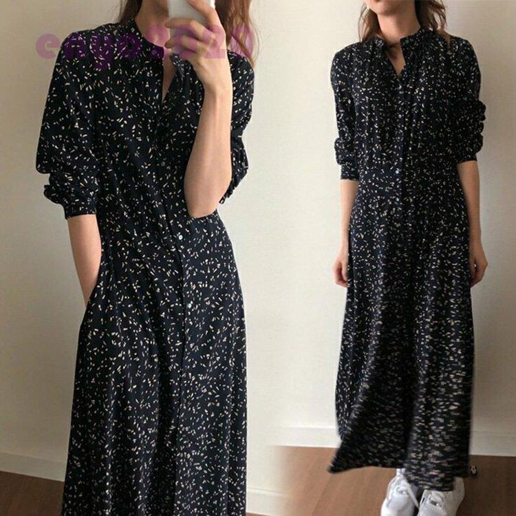 【即納】シャツワンピース レディース 40代 マキシワンピース 春夏秋 長袖ワンピース 花柄 シフォンフレアスカート オシャレカジュアル韓国風 大人 30代 ゆったり