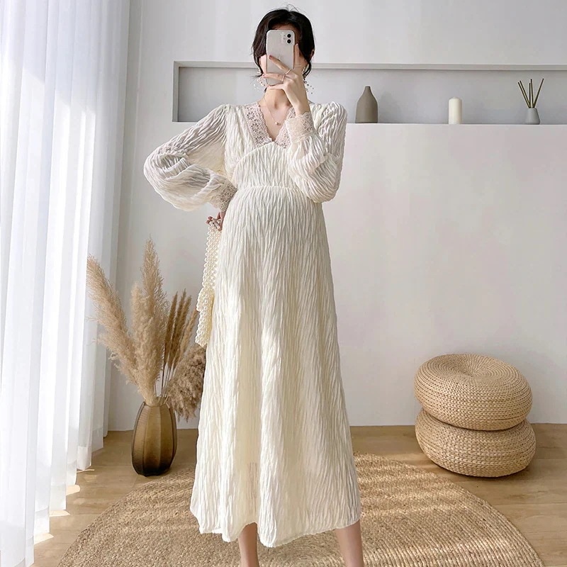 マタニティ ワンピース Vネック レース ハイウエスト パフスリーブ Aライン